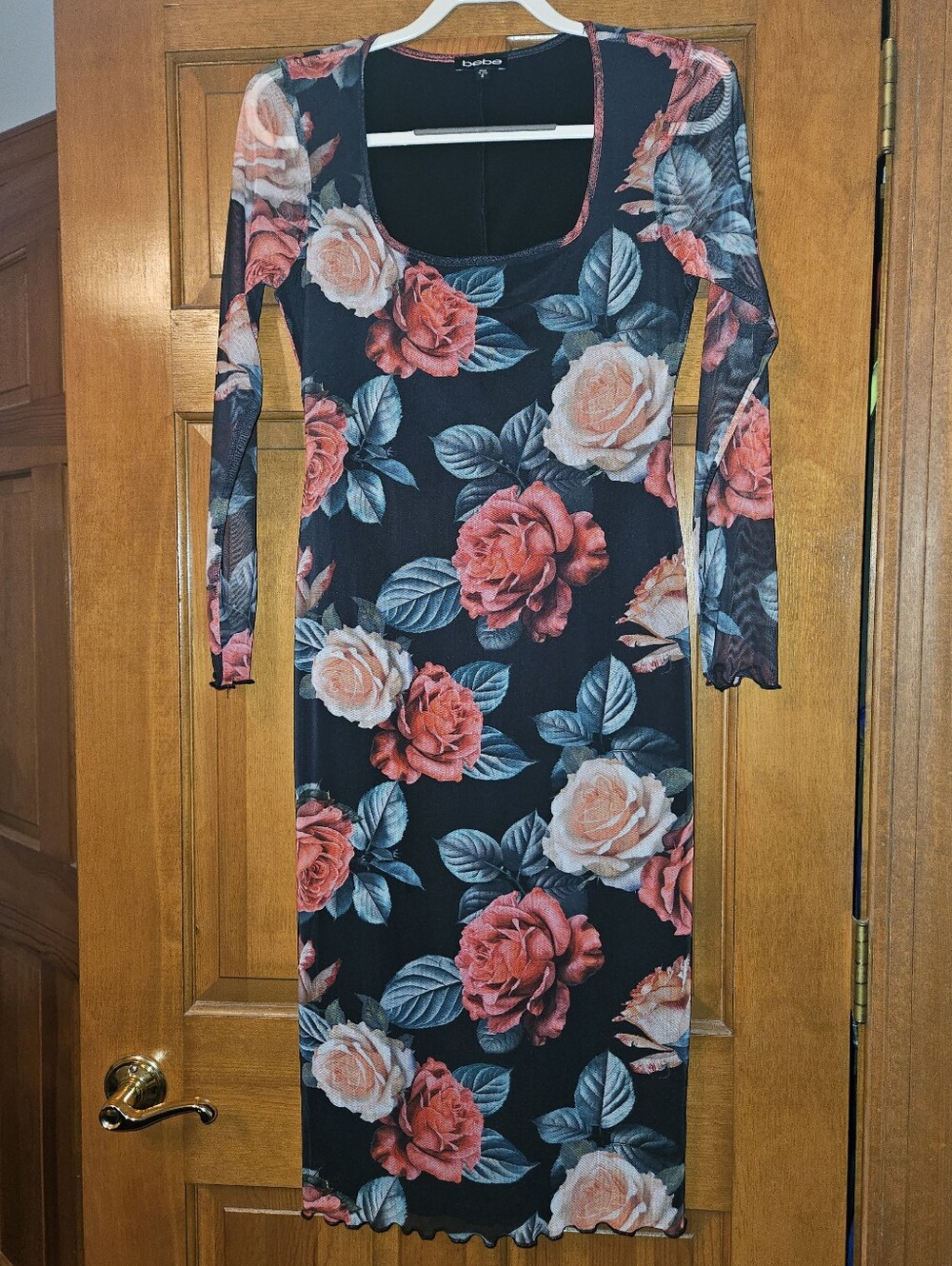 Bebe Mesh Black Long-Sleeve Floral Bodycon Dress with Red and Cream Roses